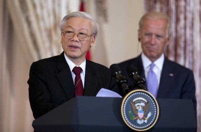 General Secretary of the Communist Party of Vietnam Nguyen Phu Trong speaks during a luncheon hosted by US Vice President Joe Biden at the Department of State in Washington, 7 July 2015. (Photo: AAP).