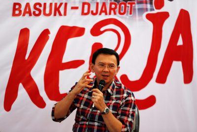 Jakarta Governor Basuki 'Ahok' Tjahaja Purnama speaks while campaigning for the upcoming election for governor in Jakarta, Indonesia (Reuters/Darren Whiteside).