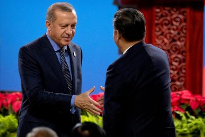 Turkey's President Tayyip Erdogan shakes hands with Chinese President Xi Jinping after Erdogan spoke during the opening ceremony of the Belt and Road Forum at the China National Convention Center (CNCC) in Beijing, 14 May 2017. (Photo: Reuters/Mark Schiefelbein).