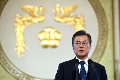 South Korean President Moon Jae-in speaks during a press conference marking his first 100 days in office at the presidential house in Seoul on 17 August 2017 (Photo: Reuters/Jung Yeon-je).