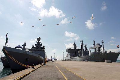 Indian Naval Ships Kamorta, Sahyadri and Shakti, are seen docked in Changi Naval Base during a visit to Singapore, 20 May 2018 (Photo: Reuters/Feline Lim).