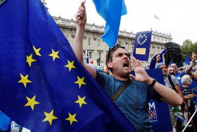 Pro-Europe demonstrators react to Brexit supporters on route during a 'March for Europe' protest against the Brexit vote result earlier in the year, in London, Britain, 3 September 2016. (Photo: Reuters/Luke MacGregor).