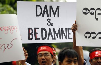 Myanmareses living in Malaysia display placards in protest against the Myitsone dam project, outside Myanmar's embassy in Kuala Lumpur September 22, 2011. A group of Myanmar activists on Thursday staged a protest against the Myitsone hydroelectric power development project on the Irrawaddy River in the Myanmar's northern state of Kachin. (Photo: Reuters/Bazuki Muhammad).