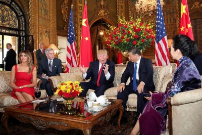 US President Donald Trump and Chinese President Xi Jinping, with first ladies Melania Trump and Peng Liyuan, at the ‘informal summit’ at Trump’s Mar-a-Lago estate in April 2017. (Photo: Reuters/Carlos Barria).