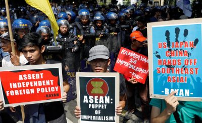 Demonstrators display placards against US, Japan, China and the Association of Southeast Asian Nations (ASEAN) during a rally ahead of the ASEAN summit in Manila, Philippines, 28 April 2017. (Photo: Reuters/Erik De Castro).