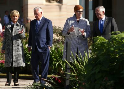 US Secretary of State Rex Tillerson talks with Australia's Minister for Foreign Affairs Julie Bishop (L) as US Secretary of Defence, Jim Mattis (R) walks with Australia's Minister for Defence Marise Payne during a photo opportunity at Government House as part of the 2017 Australia-United States Ministerial Consultations (AUSMIN) meetings in Sydney, Australia, 5 June 2017. (Photo: Reuters/Mark Metcalfe).