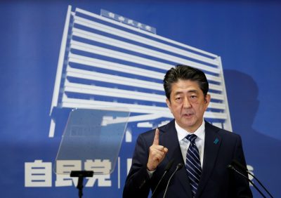 Japan's Prime Minister Shinzo Abe, who is also leader of the Liberal Democratic Party, attends a news conference at LDP headquarters in Tokyo, Japan, 23 October 2017 (Photo: Reuters/Toru Hanai). 
