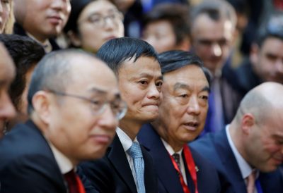 Chairman and chief executive of Alibaba Group Jack Ma and other Chinese and French entrepreneurs wait for an economic speech by French President Emmanuel Macron at SOHO 3Q in Beijing, China, 9 January 2018 (Photo: Reuters/Jason Lee).