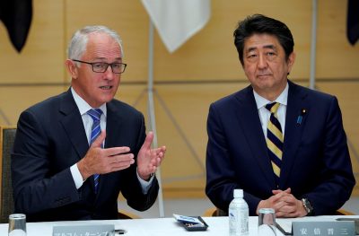Australia's Prime Minister Malcolm Turnbull talks with his Japanese counterpart Shinzo Abe during a meeting of Japan's National Security Council at Abe's official residence in Tokyo, Japan 18 January 2018. (Photo: Reuters/Shizuo Kambayashi).