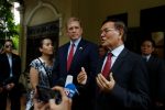 Leader of the Cambodia National Rescue Party (CNRP) Kem Sokha (R) speaks to media as U.S Ambassador to Cambodia Patrick Murphy look on after a meeting in Phnom Penh, Cambodia, 11 November 2019 (Photo: Reuters/Samrang Pring).