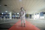 Indonesian airport officer conducted the disinfectant while 547 Indonesian workers arrived at Kualanamu international airport in North Sumatra province, Indonesia on 9 April, 2020 (Photo: Reuters/Aditya).