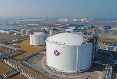 An aerial view of a liquefied natural gas (LNG) storage tank of CNOOC (China National Offshore Oil Corporation) in Tianjin, China, 12 October 2018 (Photo: Reuters).