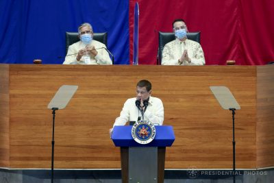 Philippine President Rodrigo Duterte speaks during his State of the Nation Address at the plenary hall of the House of Representatives in Quezon City, Philippines, 27 July 2020 (Photo: Presidential Photos via Reuters).
