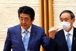 Japan's Prime Minister Shinzo Abe gestures during a news conference to Yoshihide Suga, Chief Cabinet Secretary in Tokyo, Japan, 4 May 2020 (Photo: Eugene Hoshiko/Pool via Reuters).