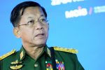 Commander-in-Chief of Myanmar's armed forces, Senior General Min Aung Hlaing delivers his speech at the IX Moscow conference on international security in Moscow, Russia 23 June 2021. (Alexander Zemlianichenko/Pool via REUTERS)