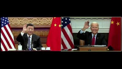 Screenshot shows China President Xi Jinping and US President Joe Biden kick start their virtual meeting on Tuesday 16 Nov 2021 (Photo: Reuters).