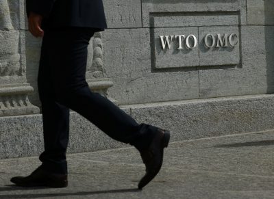 A logo is pictured outside the World Trade Organisation (WTO) in Geneva, Switzerland, 28 September 2021 (Photo: Reuters/Denis Balibouse).