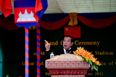 Cambodian Prime Minister Hun Sen speaks during a handover ceremony at the Morodok Techo National Stadium, Phnom Penh, Cambodia, 12 September 2021 (Photo: Reuters/Tang Chhin Sothy)