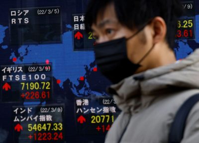 A man wearing a protective mask, amid the COVID-19 outbreak, walks past an electronic board displaying stock market indices of various countries outside a brokerage in Tokyo, Japan, March 10, 2022 (Photo: Reuters/ Kim Kyung-Hoon).