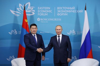 Vladimir Putin shakes hands with Mongolian Prime Minister Luvsannamsrain Oyun-Erdene during a meeting on the sidelines of the 2022 Eastern Economic Forum (EEF) in Vladivostok, Russia, September 7, 2022. (Photo: Reuters)