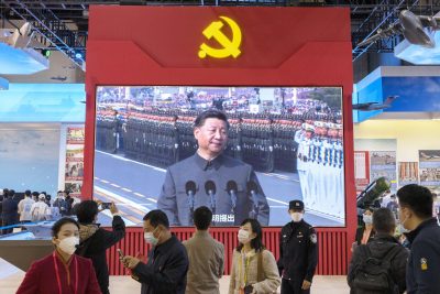 Chinese President Xi Jinping is projected on a video screen at an event in Beijing on 12 October 2022 to disseminate the achievements of China's leadership under President Xi Jinping over the past 10 years. (Photo: Kyodo)