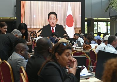 Japanese Prime Minister Fumio Kishida speaks virtually at the opening ceremony of the two-day Tokyo International Conference on African Development, Tunis, Tunisia, 27 August 2022 (Photo: Reuters/Kyodo).