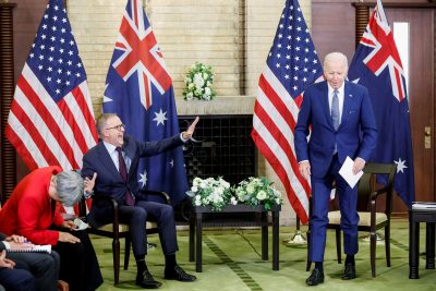 US President Joe Biden jokingly pretends to walk away from Australian Prime Minister Anthony Albanese in Tokyo, Japan, 14 May 2022 (Photo: Reuters/Jonathan Ernst).