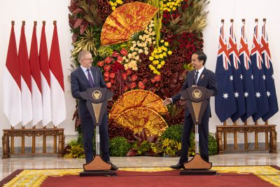 Perdana Menteri Australia Anthony Albanese dan Presiden Indonesia Joko Widodo bereaksi selama konferensi pers setelah pertemuan mereka di Istana Kepresidenan di Bogor, Indonesia pada 6 Juni 2022 (Foto: Reuters/Antara Foto/Sigid Kurniawan).