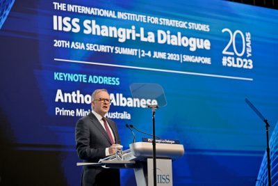 Australia's Prime Minister Anthony Albanese gives the keynote address at the 20th IISS Shangri-La Dialogue in Singapore, 2 June 2023 (Photo: Reuters/Caroline Chia).