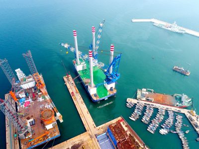 The 1,200-ton jack-up offshore wind power installation platform is delivered in Qingdao West Coast New Area on 25 July 25 2023, Qingdao, Shandong province, China. (Photo: Reuters/Costfoto/NurPhoto)