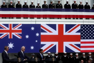 US President Joe Biden, Australian Prime Minister Anthony Albanese and British Prime Minister Rishi Sunak deliver remarks on the AUKUS at Naval Base Point Loma in San Diego, United States, 13 March 2023 (Photo: Reuters/Leah Millis).